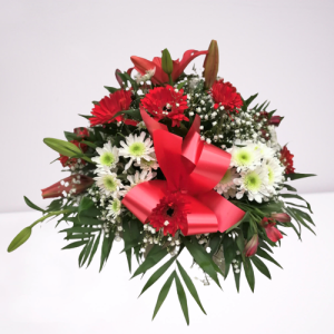 Centro en tonos rojos y blancos